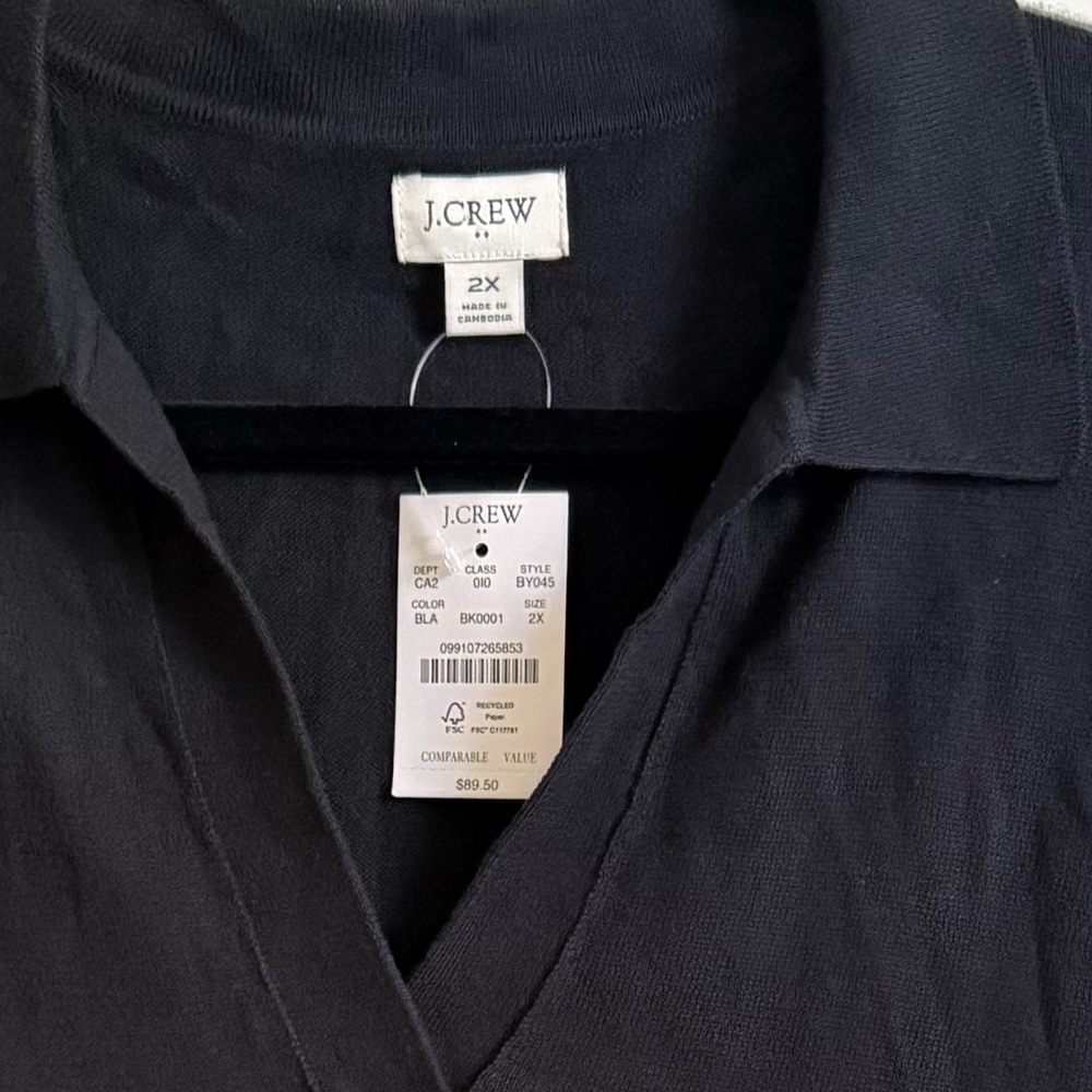 J. Crew Factory Black Popover Soft Polo Knit Spread Collar Preppy Long Slv NWT - Picture 3 of 6